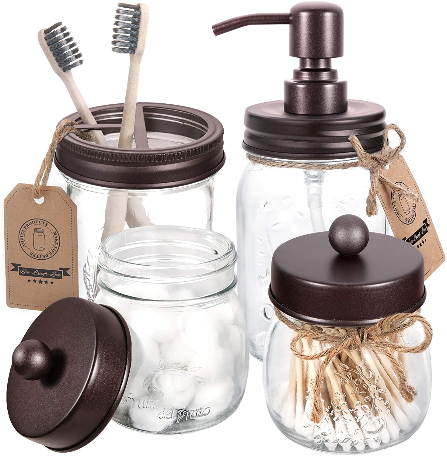 AOZITA Mason Jar Set de accesorios de baño, 4 piezas 